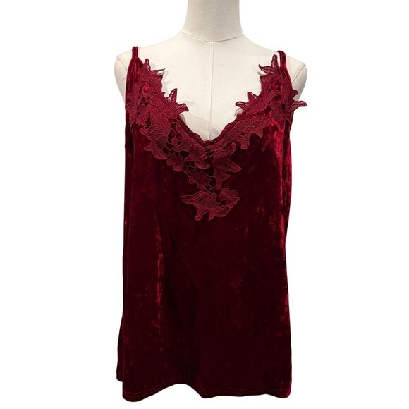 Burgundy Crushed Velvet Floral Lace Trim Cami Top Women XL Holiday Vampy Fall - Picture 1 of 7